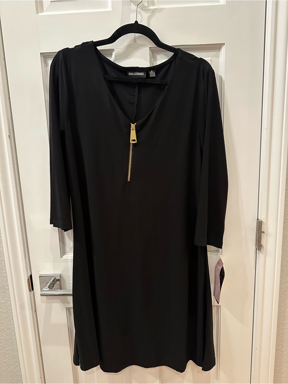 Nina Leonard Black Long-Sleeve V-Neck Dress with Gold Zip